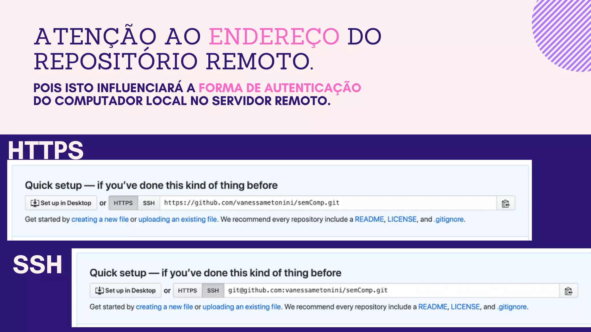 ATENÇÃO AO ENDEREÇO DO
REPOSITÓRIO REMOTO.
POIS ISTO INFLUENCIARÁ A FORMA DE AUTENTICAÇÃO
DO COMPUTADOR LOCAL NO SERVIDOR REMOTO.
HTTPS
SSH
 