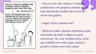 C o n t r o l e d e v e r s ã o c o m G i t | V a n e s s a T o n i n ih t t p s : / / x k c d . c o m / 1 5 9 7 /
- Este é o Git. Ele rastreia o trabalho
colaborativo em projetos através de um
belo distribuído modelo de árvore da
teoria dos grafos.
- Legal. Como usamos isso?
- Nenhuma idéia. Apenas memorize esses
comandos de shell e digite-os para
sincronizar. Se você receber erros, salve
seu trabalho em outro lugar, exclua o
projeto e baixe uma nova cópia.
 