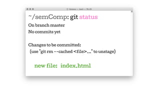 ~/semComp: git status
On branch master
No commits yet
Changes to be committed:
(use "git rm --cached <file>..." to unstage)
new file: index.html
 