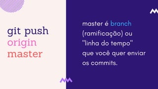 git push
origin
master
master é branch
(ramificação) ou
"linha do tempo"
que você quer enviar
os commits.
 