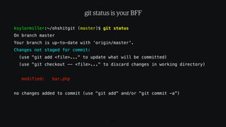 REMOTE/ORIGIN
Your machineGithub
LOCAL STAGING/INDEX WORKSPACE
MASTER MASTER
baz.php
foo.php
bar.php
baz.php
foo.php
bar.p...