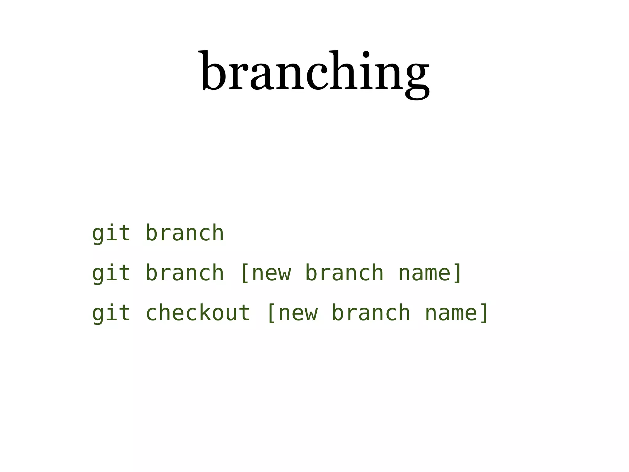 branching

git branch
git branch [new branch name]
git checkout [new branch name]
 