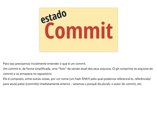 Commit
estado
Para isso precisamos inicialmente entender o que é um commit.
Um commit é, de forma simplificada, uma “foto” da versão atual dos seus arquivos. O git comprime os arquivos do
commit e os armazena no repositório.
Ele é composto, entre outras coisas, por um nome (um hash SHA1) pelo qual podemos referenciá-lo, referência(s)
para seu(s) pai(s) (commit(s) imediatamente anterior - veremos o porquê do plural), o autor do commit, etc.
 