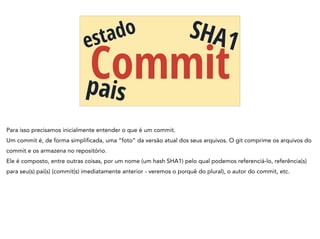 Commit
estado
pais
SHA1
Para isso precisamos inicialmente entender o que é um commit.
Um commit é, de forma simplificada, uma “foto” da versão atual dos seus arquivos. O git comprime os arquivos do
commit e os armazena no repositório.
Ele é composto, entre outras coisas, por um nome (um hash SHA1) pelo qual podemos referenciá-lo, referência(s)
para seu(s) pai(s) (commit(s) imediatamente anterior - veremos o porquê do plural), o autor do commit, etc.
 