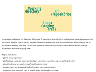 Working
directory
Index
(staging
area)
.git
(repositório)
Um arquivo pode estar em 3 estados diferentes. O repositório é um diretório onde estão armazenados os commits
e todos os arquivos que formam o histórico. Quando o arquivo não está no repositório ou foi modificado ele se
encontra no working directory. Os arquivos que serão incluídos no próximo commit devem ser adicionados
inicialmente ao índice (staging area).
!
Alguns comandos:
- git init: cria o repositório
- git checkout: copia o(s) arquivo(s) de algum commit no repositório para o working directory
- git add: adiciona um arquivo novo/modificado no índice
- git reset: retira um arquivo do índice (cuidado com esse comando)
- git commit: cria o commit com as modificações encontradas no índice.
 