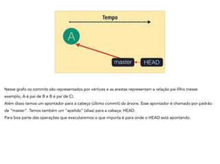 A
Tempo
HEADmaster
Nesse grafo os commits são representados por vértices e as arestas representam a relação pai-filho (nesse
exemplo, A é pai de B e B é pai de C).
Além disso temos um apontador para a cabeça (último commit) da árvore. Esse apontador é chamado por padrão
de “master”. Temos também um “apelido” (alias) para a cabeça: HEAD.
Para boa parte das operações que executaremos o que importa é para onde o HEAD está apontando.
 