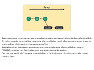 A B C
Tempo
master HEAD
Suponha agora que encontraram um bug no seu código enquanto você estava implementando uma funcionalidade.
Em muitos casos não é uma boa ideia implementar a funcionalidade e corrigir o bug ao mesmo tempo. Se algo der
errado pode ser difícil encontrar o que precisa ser desfeito.
Se estivéssemos em duas pessoas, por exemplo, uma poderia implementar a funcionalidade e a outra em
PARALELO corrigiria o bug. Assim cada um terá uma versão diferente dos arquivos.
Para criar essa “ramificação" basta usar o comando branch. Ele simplesmente cria mais um apontador, no caso
chamado “bug”.
 