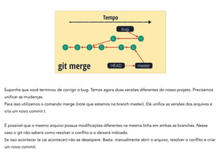 A B C
Tempo
git merge
bug
D
HEAD
E
F
H
G
master
Suponha que você terminou de corrigir o bug. Temos agora duas versões diferentes do nosso projeto. Precisamos
unificar as mudanças.
Para isso utilizamos o comando merge (note que estamos na branch master). Ele unifica as versões dos arquivos e
cria um novo commit I.
!
É possível que o mesmo arquivo possua modificações diferentes na mesma linha em ambas as branches. Nesse
caso o git não saberá como resolver o conflito e o deixará indicado.
Se isso acontecer (e vai acontecer) não se desespere. Basta manualmente abrir o arquivo, resolver o conflito e criar
um novo commit.
 