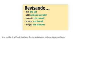 + init: cria .git
+ add: adiciona no índice
+ commit: cria commit
+ branch: cria branch
+ merge: une branches
Revisando…
Uma revisão simplificada de alguns dos comandos vistos ao longo da apresentação.
 