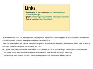 + Entendendo o git conceitualmente: http://www.sbf5.com/
~cduan/technical/git/
+ git (DAG): http://eagain.net/articles/git-for-computer-scientists/
+ Tutorial interativo: https://try.github.io
Links
Os dois primeiros links são a base para a explicação do repositório como um grafo acíclico dirigido e apresentam
outros conteúdos que não estão presentes nessa apresentação.
Outro link interessante é o tutorial interativo do github. É bem rápido e permite entender de forma bem prática os
principais comandos a serem utilizados no dia a dia.
Para quem tiver mais paciência é possível ler a documentação oficial no site do git com muitos outros detalhes.
O link sobre fluxos de trabalho apresenta outras maneiras de trabalhar em grupo com o git.
O último link é mais uma dica prática de como sempre mostrar no terminal a branch atual.
 