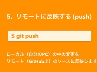 $ git push
5. リモートに反映する (push)
ローカル（自分のPC）の中の変更を
リモート（GitHub上）のソースに反映します
 