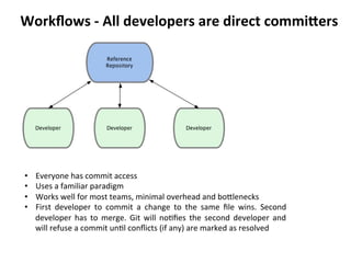 Workﬂows	
  -­‐	
  All	
  developers	
  are	
  direct	
  commiJers	
  
•  Everyone	
  has	
  commit	
  access	
  
•  Uses	
  a	
  familiar	
  paradigm	
  
•  Works	
  well	
  for	
  most	
  teams,	
  minimal	
  overhead	
  and	
  boclenecks	
  
•  First	
   developer	
   to	
   commit	
   a	
   change	
   to	
   the	
   same	
   ﬁle	
   wins.	
   Second	
  
developer	
   has	
   to	
   merge.	
   Git	
   will	
   no=ﬁes	
   the	
   second	
   developer	
   and	
  
will	
  refuse	
  a	
  commit	
  un=l	
  conﬂicts	
  (if	
  any)	
  are	
  marked	
  as	
  resolved	
  
 