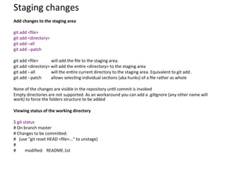 Staging	
  changes	
  
Add	
  changes	
  to	
  the	
  staging	
  area	
  
	
  
git	
  add	
  <ﬁle>	
  
git	
  add	
  <directory>	
  
git	
  add	
  –all	
  
git	
  add	
  -­‐-­‐patch	
  
	
  
git	
  add	
  <ﬁle>	
  	
  	
  	
  	
  	
  	
  	
  	
  	
  	
  	
  will	
  add	
  the	
  ﬁle	
  to	
  the	
  staging	
  area.	
  	
  
git	
  add	
  <directory>	
  will	
  add	
  the	
  en=re	
  <directory>	
  to	
  the	
  staging	
  area	
  
git	
  add	
  -­‐-­‐all	
  	
  	
  	
  	
  	
  	
  	
  	
  	
  	
  	
  	
  	
  	
  will	
  the	
  en=re	
  current	
  directory	
  to	
  the	
  staging	
  area.	
  Equivalent	
  to	
  git	
  add	
  .	
  
git	
  add	
  -­‐-­‐patch	
  	
  	
  	
  	
  	
  	
  	
  	
  allows	
  selec=ng	
  individual	
  sec=ons	
  (aka	
  hunks)	
  of	
  a	
  ﬁle	
  rather	
  as	
  whole	
  
	
  
None	
  of	
  the	
  changes	
  are	
  visible	
  in	
  the	
  repository	
  un=l	
  commit	
  is	
  invoked	
  
Empty	
  directories	
  are	
  not	
  supported.	
  As	
  an	
  workaround	
  you	
  can	
  add	
  a	
  .gi=gnore	
  (any	
  other	
  name	
  will	
  
work)	
  to	
  force	
  the	
  folders	
  structure	
  to	
  be	
  added	
  
	
  
Viewing	
  status	
  of	
  the	
  working	
  directory	
  
	
  
$	
  git	
  status	
  
#	
  On	
  branch	
  master	
  
#	
  Changes	
  to	
  be	
  commiced:	
  
#	
  	
  	
  (use	
  "git	
  reset	
  HEAD	
  <ﬁle>..."	
  to	
  unstage)	
  
#	
  
# 	
  modiﬁed:	
  	
  	
  README.1st	
  
	
  
	
  
 