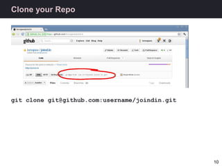 Clone your Repo




git clone git@github.com:username/joindin.git




                                                10
 