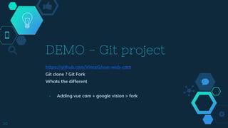 https://github.com/VinceG/vue-web-cam
Git clone ? Git Fork
Whats the different
- Adding vue cam + google vision > fork
DEMO - Git project
20
 