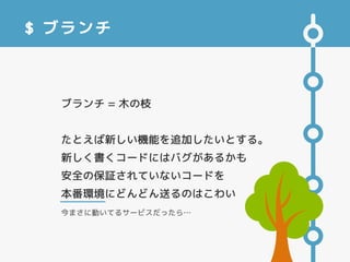 $ ブランチ
ブランチ = 木の枝
たとえば新しい機能を追加したいとする。
新しく書くコードにはバグがあるかも
安全の保証されていないコードを
本番環境にどんどん送るのはこわい
今まさに動いてるサービスだったら…
 