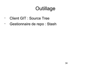 34
Outillage

Client GIT : Source Tree

Gestionnaire de repo : Stash
 