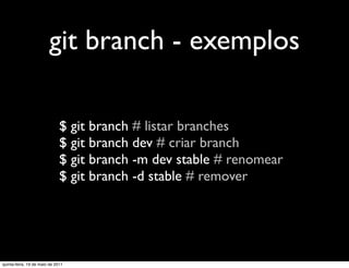 git branch - exemplos

                              $ git branch # listar branches
                              $ git branch dev # criar branch
                              $ git branch -m dev stable # renomear
                              $ git branch -d stable # remover




quinta-feira, 19 de maio de 2011
 