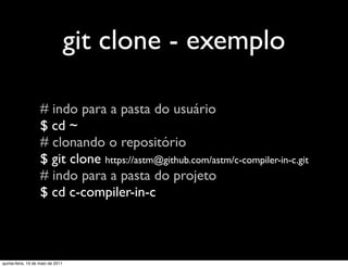 git clone - exemplo

                    # indo para a pasta do usuário
                    $ cd ~
                    # clonando o repositório
                    $ git clone https://astm@github.com/astm/c-compiler-in-c.git
                    # indo para a pasta do projeto
                    $ cd c-compiler-in-c



quinta-feira, 19 de maio de 2011
 