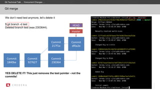 Commit
1840be
We don’t need test anymore, let’s delete it
$ git branch -d test
Deleted branch test (was 2303644).
Commit
927627
master
Commit
230364
HEAD
Commit
217f1a
Commit
df0a2e
YES DELETE IT! This just removes the test pointer - not the
commits!
Git merge
Git Technical Talk … Concurrent Changes …
 