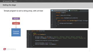 Simple program to sort a string array, with unit test
Setting the stage
Commit
30508d
master
HEAD
Git Technical Talk … Undo …
 