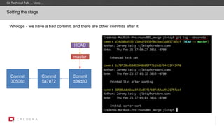 Whoops - we have a bad commit, and there are other commits after it
Setting the stage
Commit
30508d
master
Commit
5a7072
HEAD
Commit
d34d30
Git Technical Talk … Undo …
 