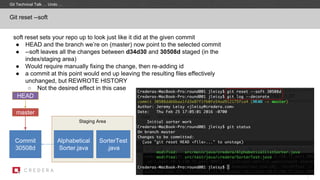 Staging Area
soft reset sets your repo up to look just like it did at the given commit
● HEAD and the branch we’re on (master) now point to the selected commit
● --soft leaves all the changes between d34d30 and 30508d staged (in the
index/staging area)
● Would require manually fixing the change, then re-adding id
● a commit at this point would end up leaving the resulting files effectively
unchanged, but REWROTE HISTORY
○ Not the desired effect in this case
Git reset --soft
Commit
30508d
master
Alphabetical
Sorter.java
HEAD
SorterTest
.java
Git Technical Talk … Undo …
 