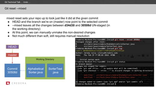 Working Directory
mixed reset sets your repo up to look just like it did at the given commit
● HEAD and the branch we’re on (master) now point to the selected commit
● --mixed leaves all the changes between d34d30 and 30508d UN-staged (in
the working directory)
● At this point, we can manually unmake the non-desired changes
● Not much different than soft, still requires manual resolution
Git reset --mixed
Commit
30508d
master
Alphabetical
Sorter.java
HEAD
SorterTest
.java
Git Technical Talk … Undo …
 