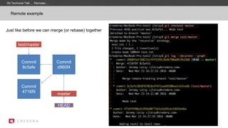 Remote example
Just like before we can merge (or rebase) together
test/master
HEAD
Commit
8c5afe
master
Commit
4716f9
Commit
d960f4
Git Technical Talk … Remotes …
 