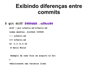 Exibindo diferenças entre
commits
$ git diff$ git diff f480dd9f480dd9....cf8cc84cf8cc84
diff --git a/hello.md b/hello.mddiff --git a/hello.md b/hello.md
index aba21ac..2cc5dc2 100644index aba21ac..2cc5dc2 100644
--- a/hello.md--- a/hello.md
+++ b/hello.md+++ b/hello.md
@@ -1,3 +1,5 @@@@ -1,3 +1,5 @@
# Hello World# Hello World
Exemplo de como fica um arquivo no GitExemplo de como fica um arquivo no Git
++
+Adicionando uma terceira linha+Adicionando uma terceira linha
 
