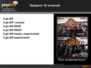 Найдите 10 отличий $ git diff $ git diff --cached $ git diff HEAD $ git diff HEAD^ $ git diff master..experimental $ git diff experimental 
