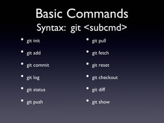 Basic Commands
Syntax: git <subcmd>
 