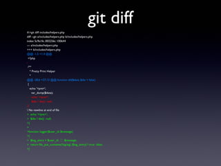 #:>git diff includes/helpers.php
diff --git a/includes/helpers.php b/includes/helpers.php
index 5c9a1fe..002256c 100644
--- a/includes/helpers.php
+++ b/includes/helpers.php
@@ -1,5 +1,4 @@
<?php
-
/**
* Pretty Print Helper
*
@@ -28,6 +27,12 @@ function dd($data, $die = false)
{
echo '<pre>';
var_dump($data);
- echo '</pre>';
- $die ? die() : null;
-}
 No newline at end of file
+ echo '</pre>';
+ $die ? die() : null;
+}
+
+function logger($user_id, $message)
+{
+ $log_entry = $user_id . ',' . $message;
+ return file_put_contents('log.log', $log_entry) ? true : false;
+}
git diff
 