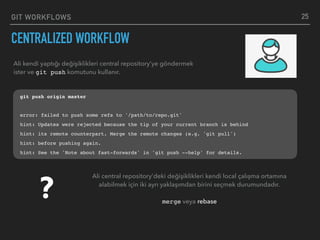 GIT WORKFLOWS
CENTRALIZED WORKFLOW
25
Ali kendi yaptığı değişiklikleri central repository’ye göndermek
ister ve git push komutunu kullanır.
git push origin master
error: failed to push some refs to '/path/to/repo.git'
hint: Updates were rejected because the tip of your current branch is behind
hint: its remote counterpart. Merge the remote changes (e.g. 'git pull')
hint: before pushing again.
hint: See the 'Note about fast-forwards' in 'git push --help' for details.
?
Ali central repository’deki değişiklikleri kendi local çalışma ortamına
alabilmek için iki ayrı yaklaşımdan birini seçmek durumundadır.  
 
merge veya rebase
 