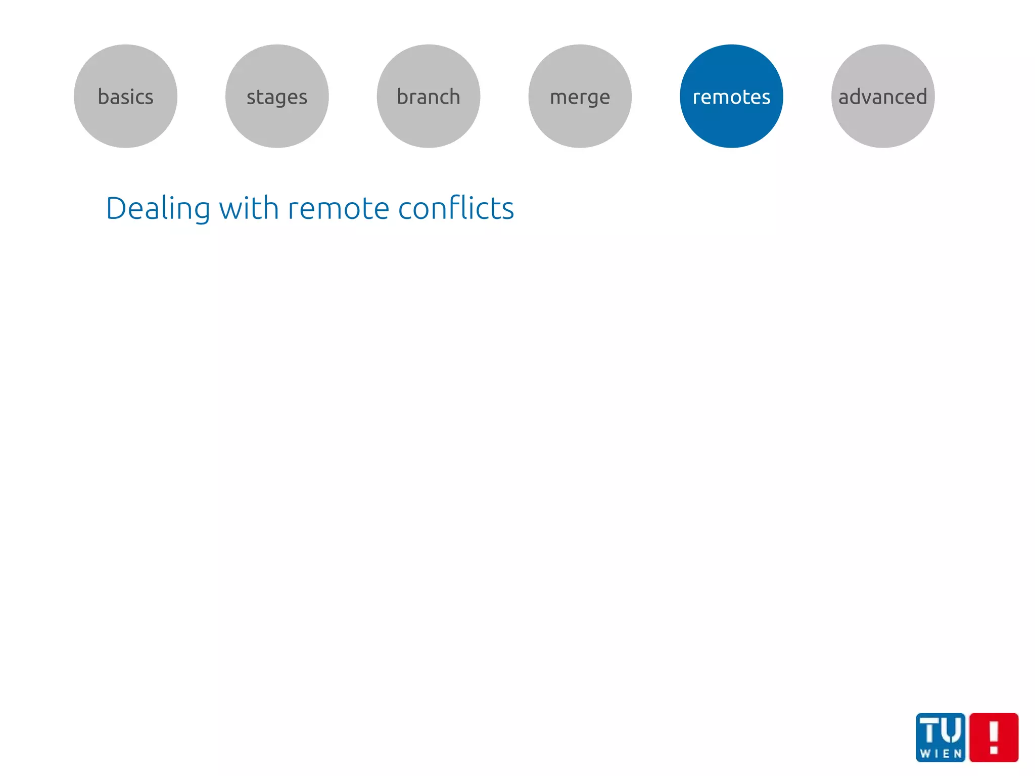 basics stages branch merge remotes advanced
Dealing with remote conflicts
 