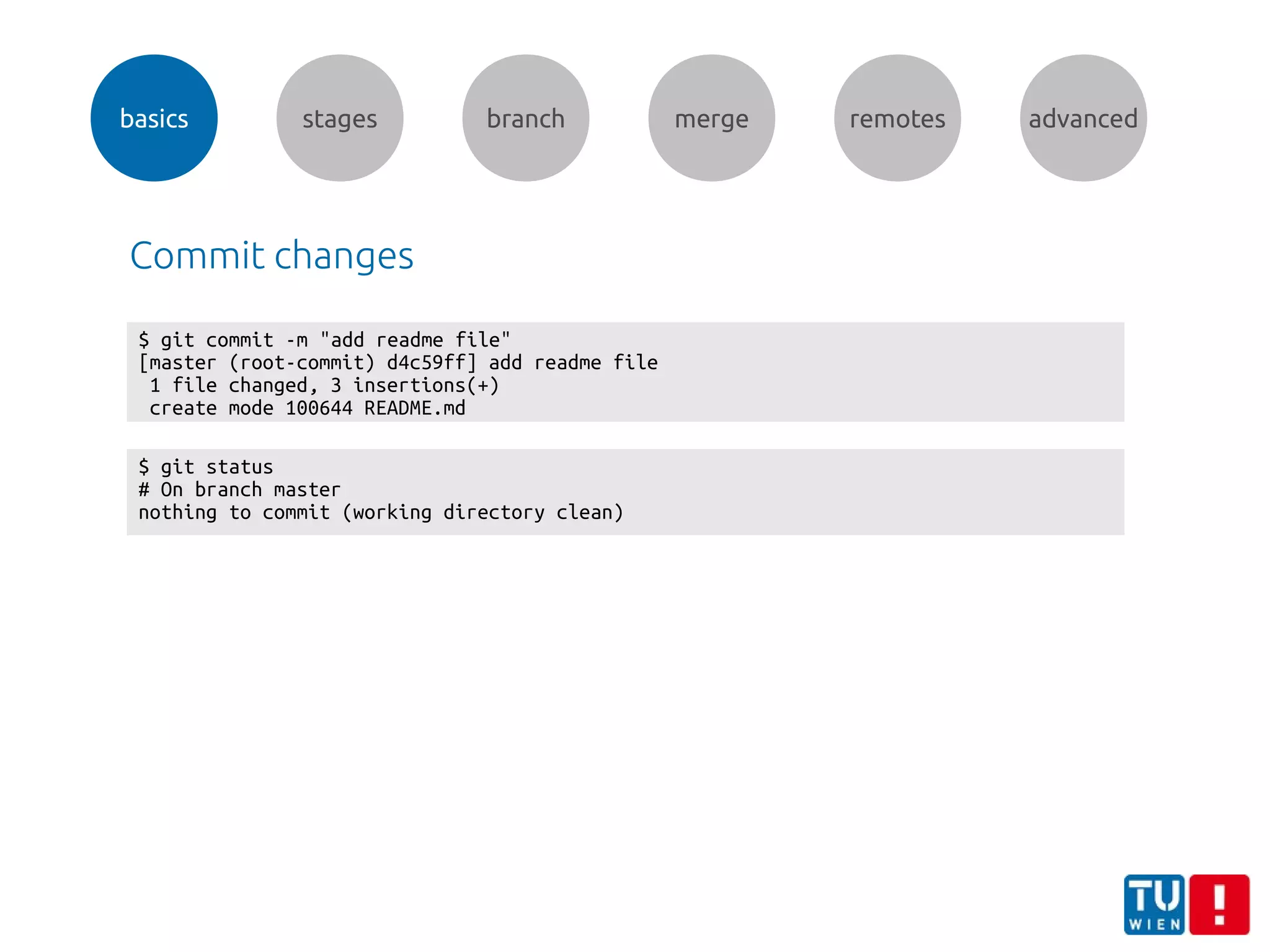 basics stages branch merge remotes advanced
Commit changes
$ git status
# On branch master
nothing to commit (working directory clean)
$ git commit -m "add readme file"
[master (root-commit) d4c59ff] add readme file
1 file changed, 3 insertions(+)
create mode 100644 README.md
 