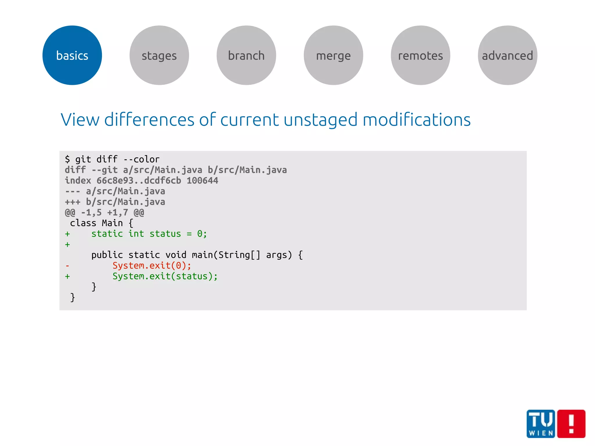 basics stages branch merge remotes advanced
View differences of current unstaged modifications
$ git diff --color
diff --git a/src/Main.java b/src/Main.java
index 66c8e93..dcdf6cb 100644
--- a/src/Main.java
+++ b/src/Main.java
@@ -1,5 +1,7 @@
class Main {
+ static int status = 0;
+
public static void main(String[] args) {
- System.exit(0);
+ System.exit(status);
}
}
 