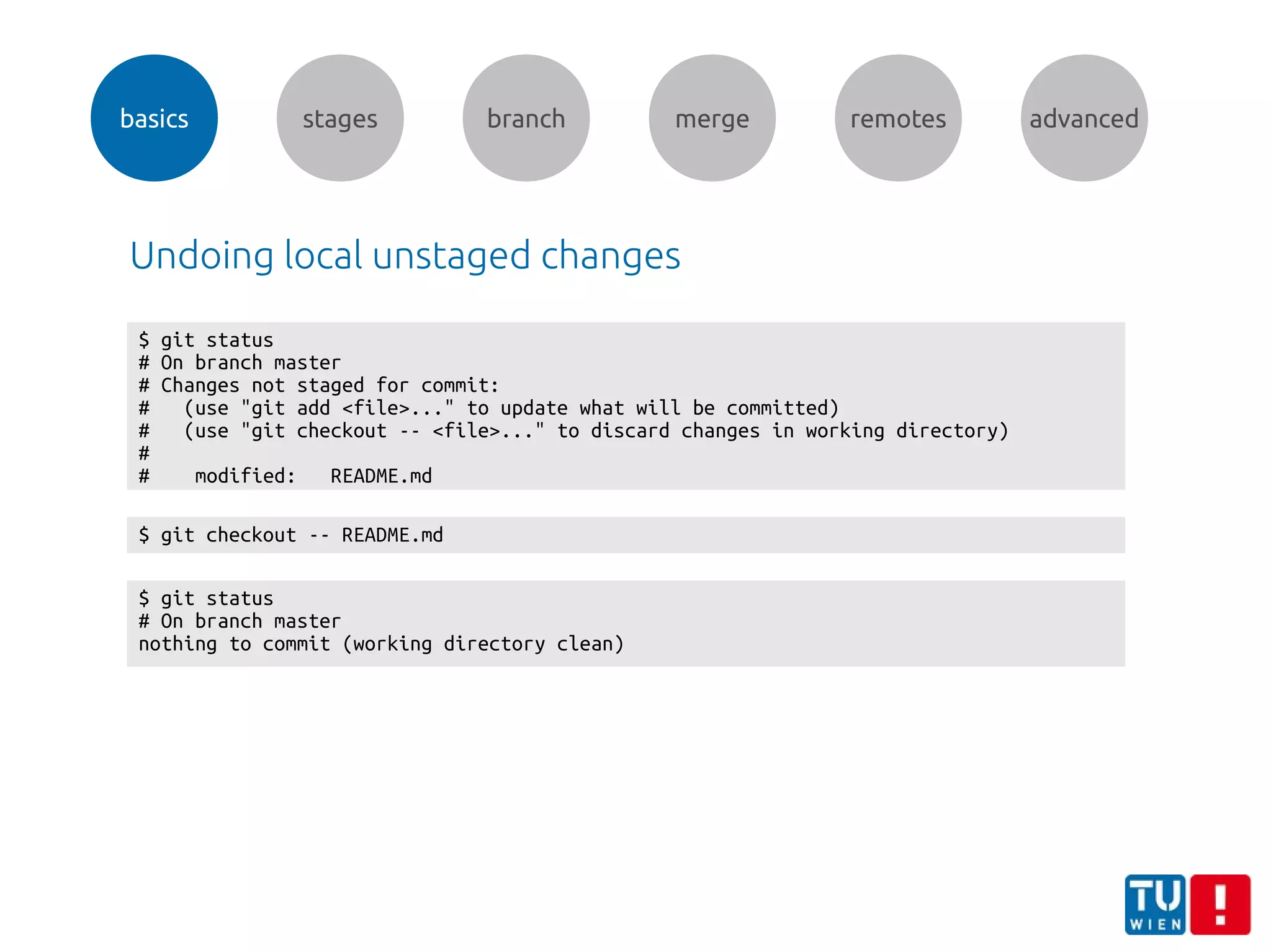 basics stages branch merge remotes advanced
Undoing local unstaged changes
$ git status
# On branch master
# Changes not staged for commit:
# (use "git add <file>..." to update what will be committed)
# (use "git checkout -- <file>..." to discard changes in working directory)
#
# modified: README.md
$ git checkout -- README.md
$ git status
# On branch master
nothing to commit (working directory clean)
 