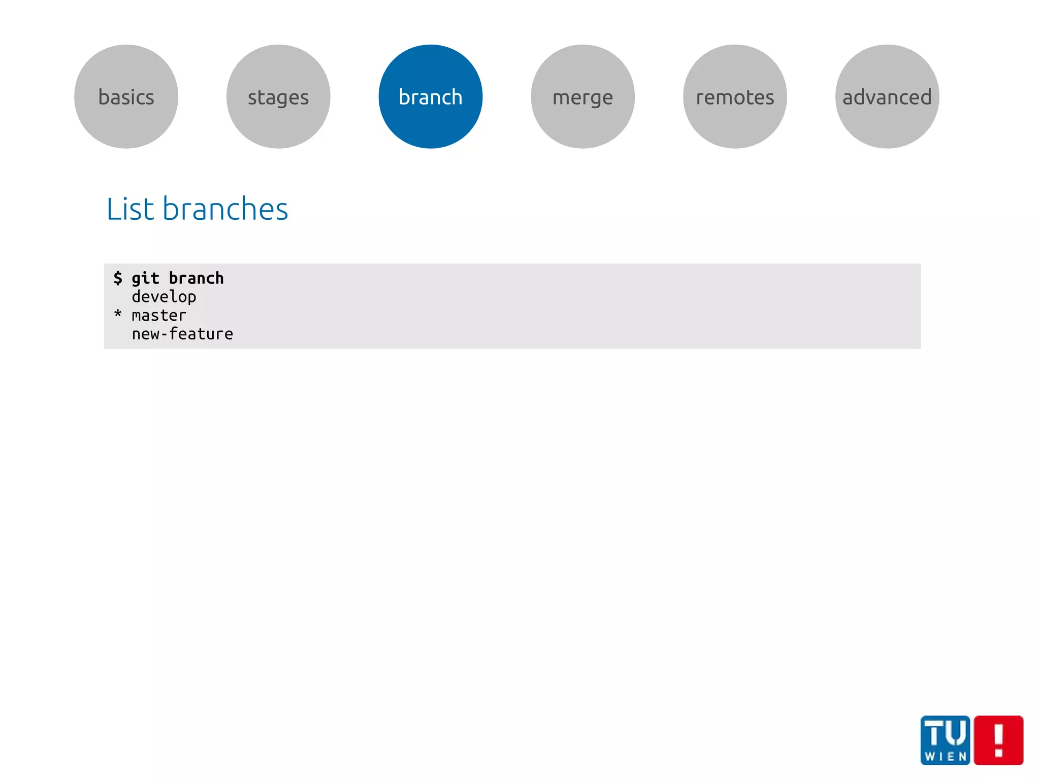 basics stages branch merge remotes advanced
$ git branch
develop
* master
new-feature
List branches
 
