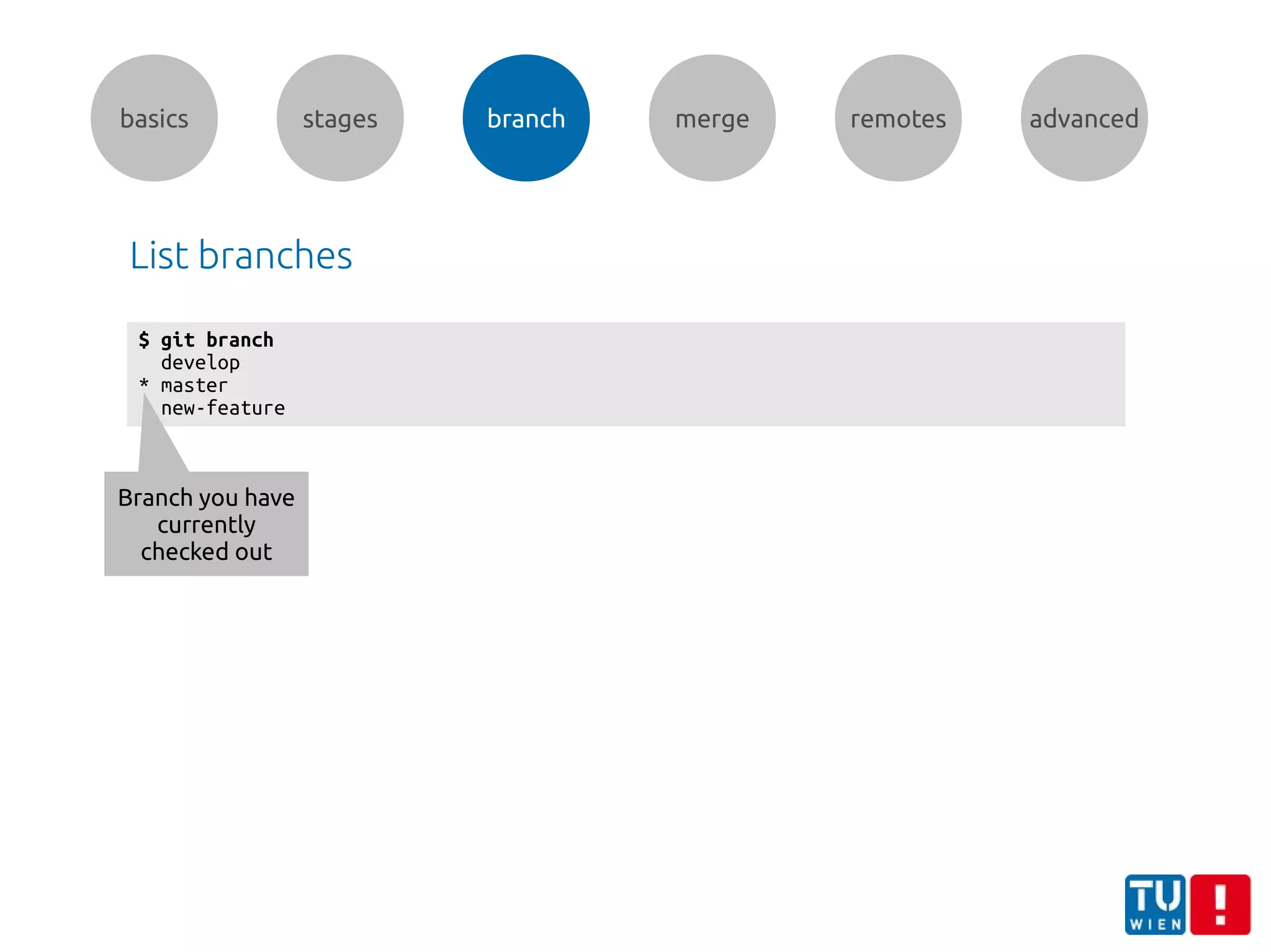basics stages branch merge remotes advanced
$ git branch
develop
* master
new-feature
List branches
Branch you have
currently
checked out
 