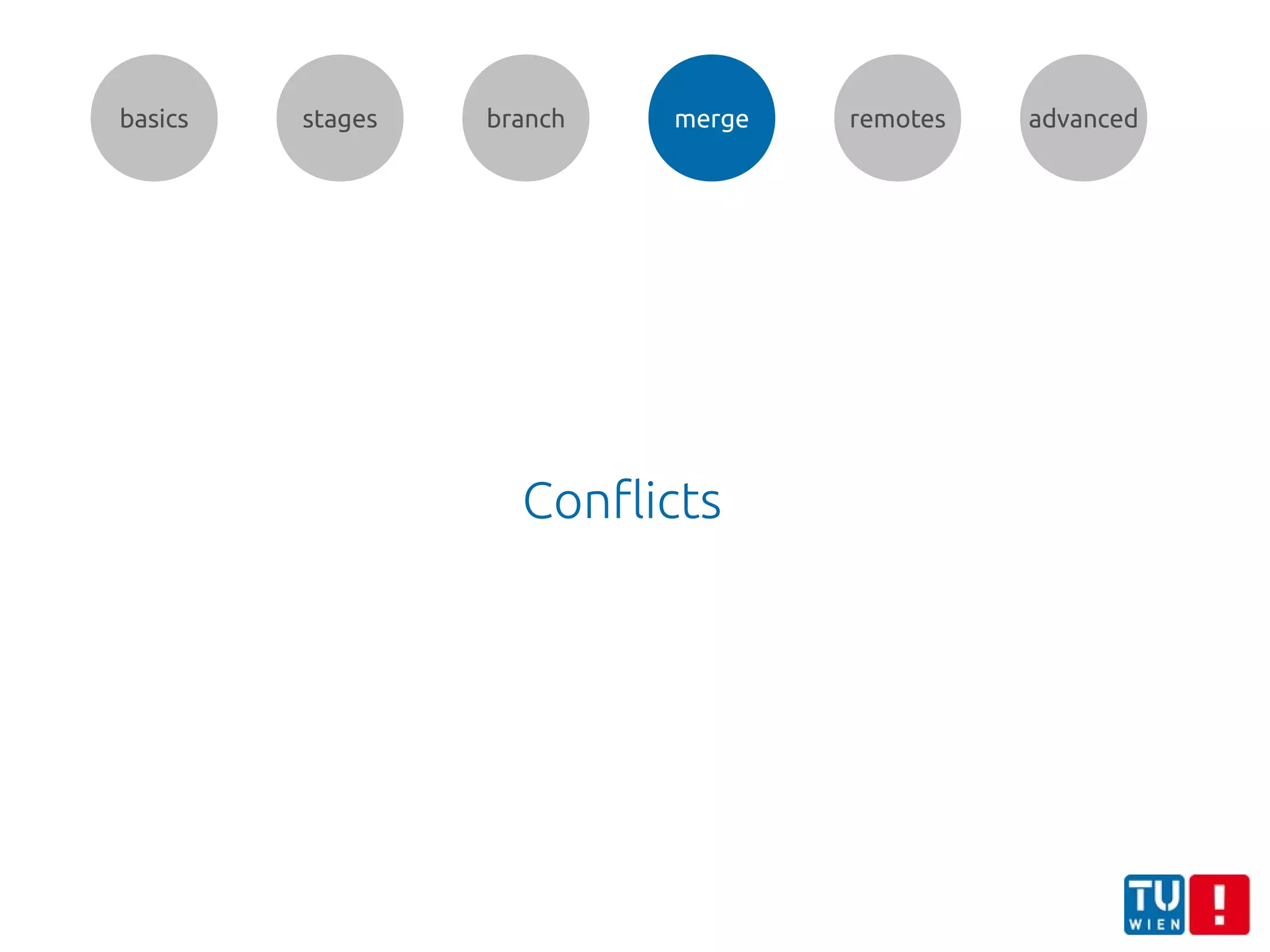 basics stages branch merge remotes advanced
Conflicts
 