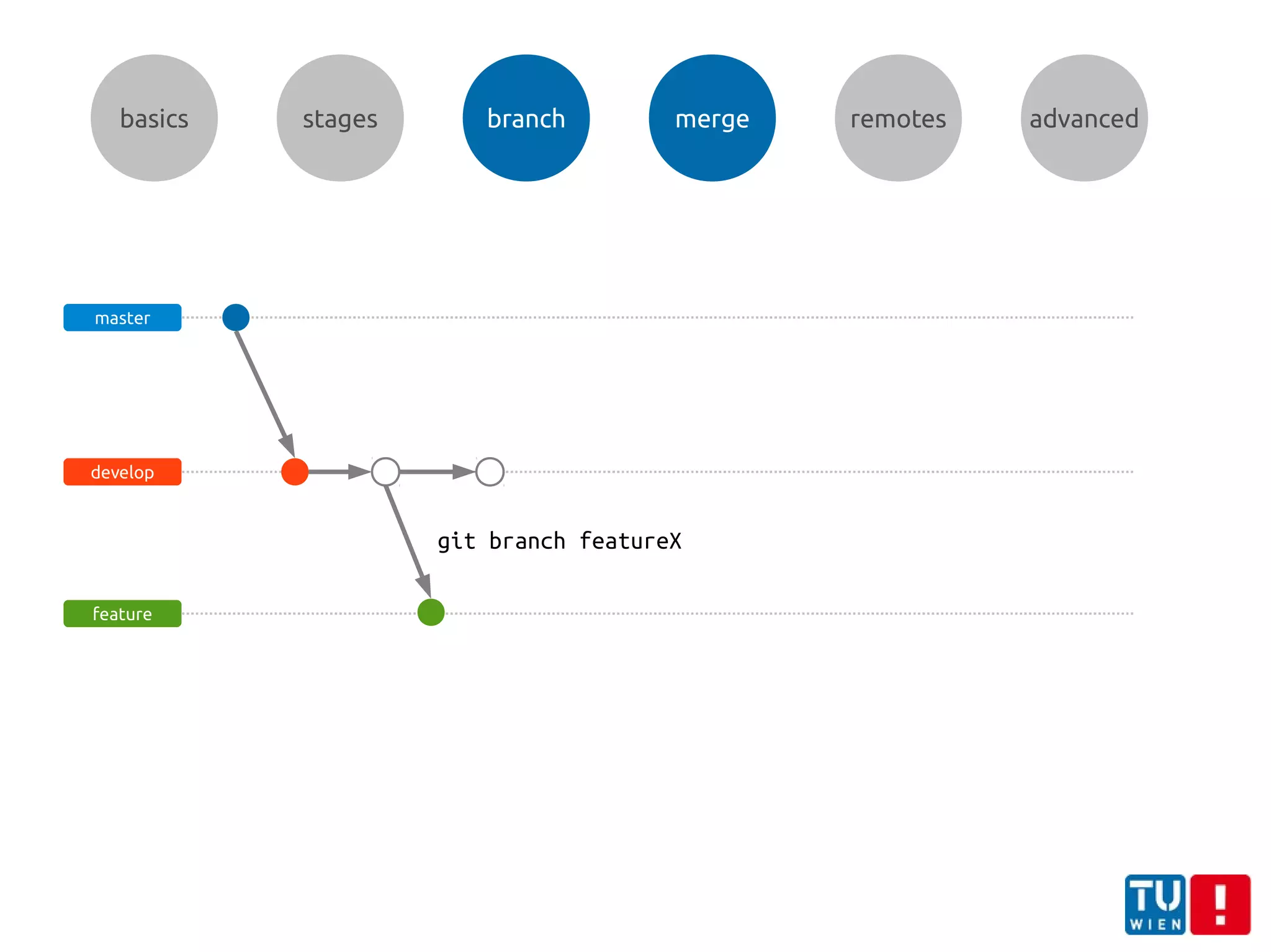 basics stages branch remotes advanced
master
develop
feature
git branch featureX
merge
 