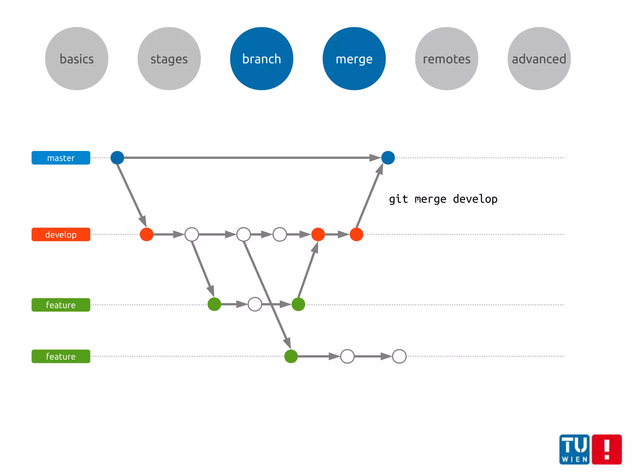 basics stages branch merge remotes advanced
master
develop
feature
feature
git merge develop
 