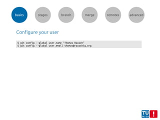 basics stages branch merge remotes advanced
$ git config --global user.name "Thomas Rausch"
$ git config --global user.email thomas@rauschig.org
Configure your user
 