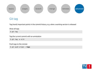 basics stages branch merge remotes advanced
Git tag
$ git tag
Show all tags
$ git tag -a v2.0
Tag the current commit with an annotation
Tag (mark) important points in the commit history, e.g. when a working version is released
$ git push origin --tags
Push tags to the remote
 