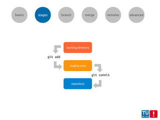 working directory
staging area
repository
git add
git commit
basics stages branch merge remotes advanced
 