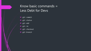 Know basic commands =
Less Debt for Devs
 git commit
 git status
 git add
 git rm
 git checkout
 git branch
 