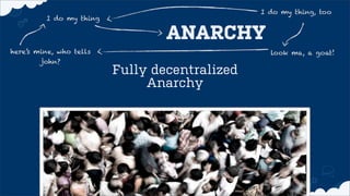 Fully decentralized
Anarchy
I do my thing
I do my thing, too
ANARCHY
here’s mine, who tells
john?
look ma, a goat!
 