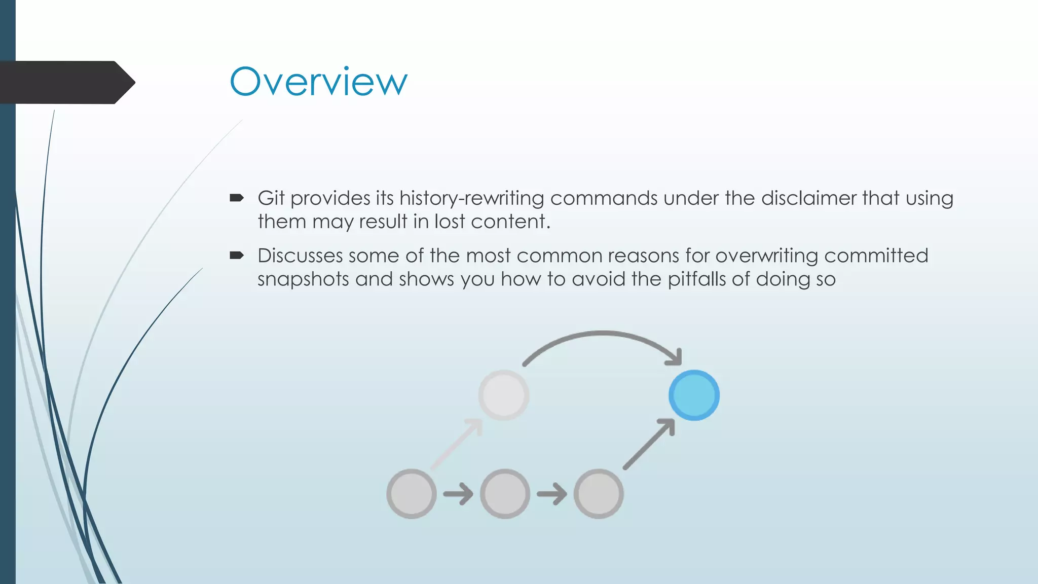 Overview  Git provides its history-rewriting commands under the disclaimer that using them may result in lost content.  Discusses some of the most common reasons for overwriting committed snapshots and shows you how to avoid the pitfalls of doing so 