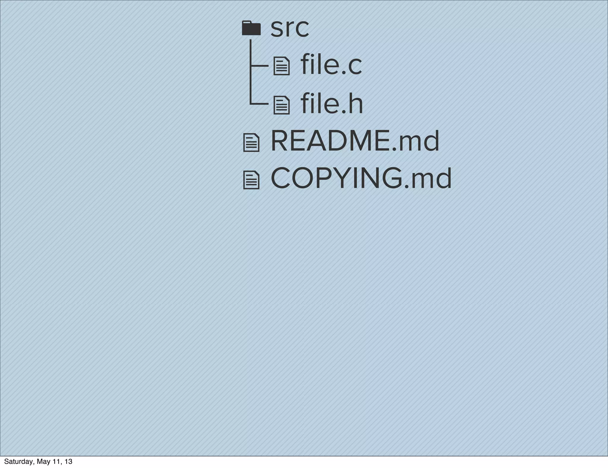  ﬁle.c
 src
 ﬁle.h
 README.md
 COPYING.md
Saturday, May 11, 13
 